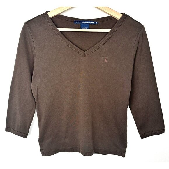 RALPH LAUREN SPORT Shirt Women Small Brown 3/4 Sleeve V Neck Pullover - Picture 1 of 9